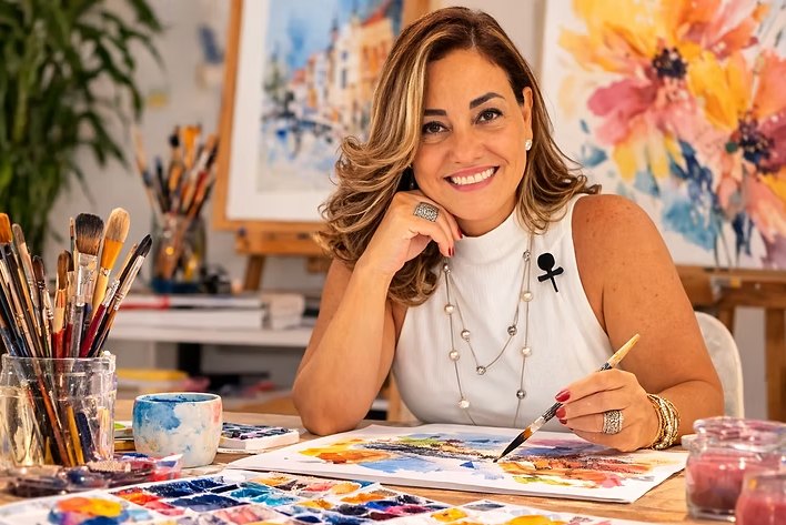 Professora Ane Frenhi pintando aquarela em seu ateliê