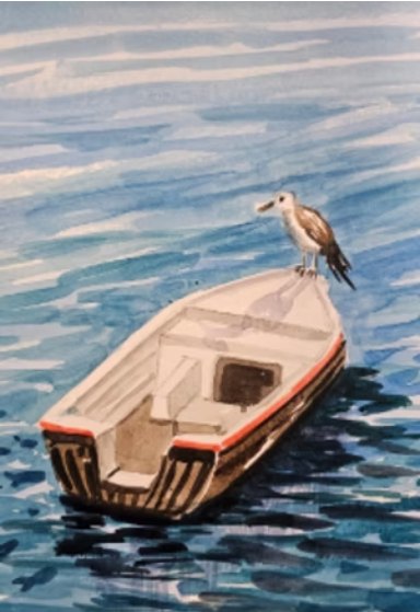 Barco e gaivota em aquarela