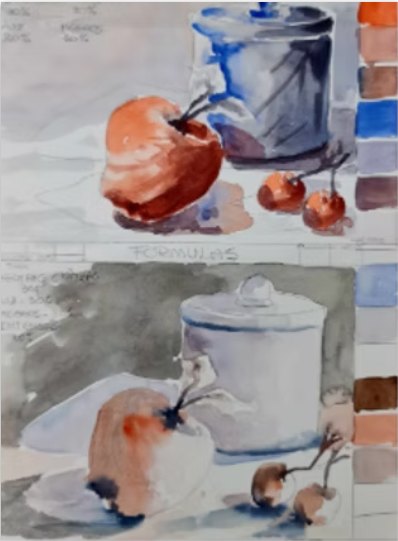 Estudo de contrastes com frutas e bule