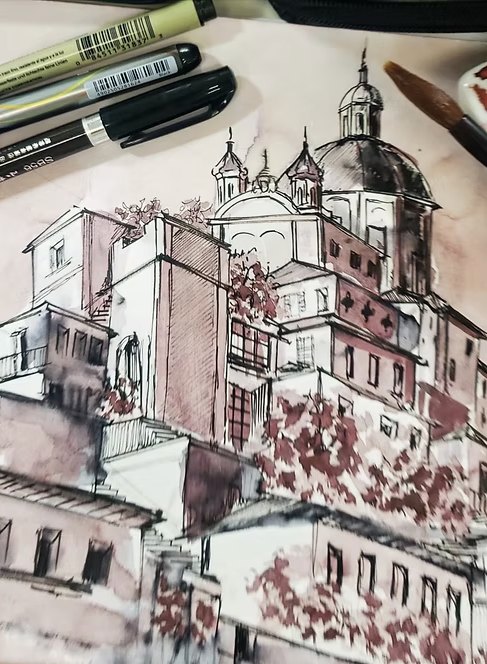 Desenho de arquitetura em nanquim e aguada
