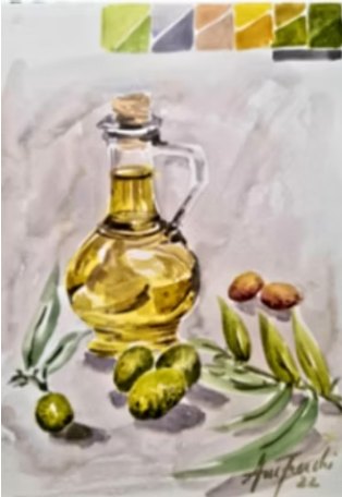 Garrafa de azeite e azeitonas em aquarela, com faixa de testes de cor