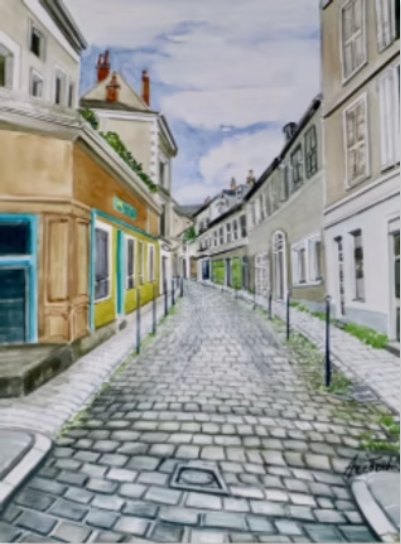 Rua de pedras em aquarela